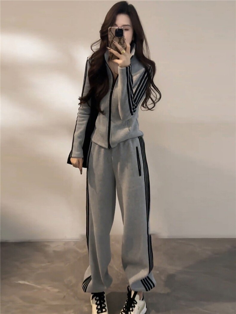 时尚休闲减龄套装女春新款修拉链开衫立领长袖上衣阔腿长裤两件套,女装套装/套裙,江南