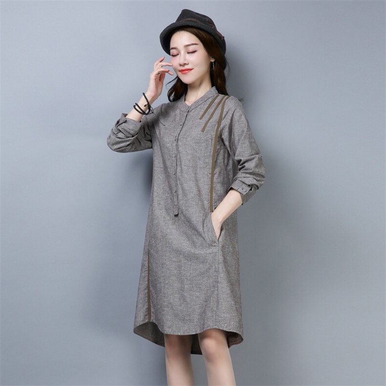 连衣裙长袖排多扣时尚圆领休闲修身显瘦纯色,女装连衣裙,小林双子