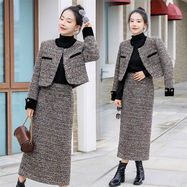 小香风羽绒服套装女秋冬2024新款粗花呢短外套半身长裙两件套,女装套装/套裙,曼娅璐
