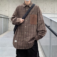 危机青年日系复古格纹长袖衬衫男女春秋宽松百搭休闲衬衣上衣服，男装衬衫，星座813-2