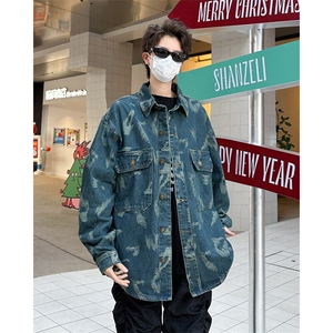 F684P60春夏复古牛仔外套男款痞帅扎染男生牛仔衣高级感工图片