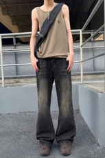 美式复古扎染cleanfit做旧破坏猫须百搭阔腿牛仔裤男女慵懒秋冬，男装牛仔裤，星座218-8