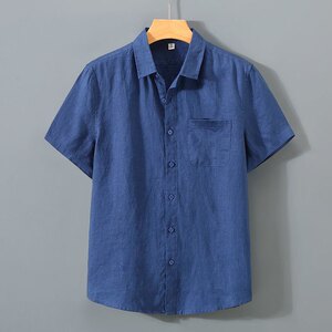 舒适纯亚麻衬衫男士短袖夏季麻料衣服潮流行复古休闲薄款衬衣图片