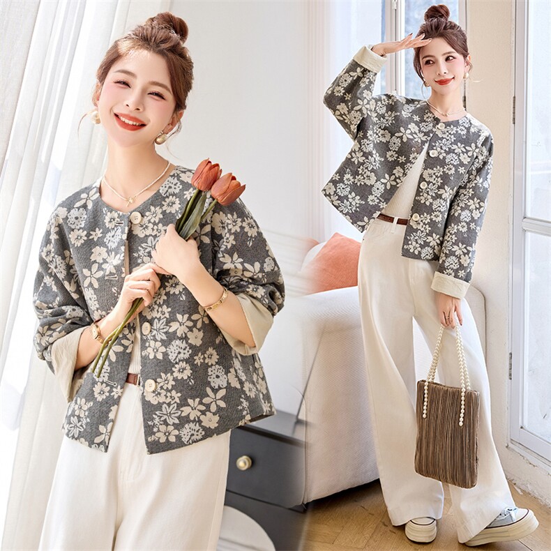 气质印花棉麻短外套女2025春秋新款独特漂亮圆领休闲百搭开衫上衣,女装短外套,沁沁公主