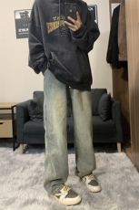 港风美式高街复古水洗抽绳磨白阔腿牛仔裤XZ213-NZBZ01-P60控78，男装牛仔裤，星座213