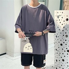 YT26150-P30 亚麻短袖t恤男大码五分袖男宽松七分袖 港风模特图片