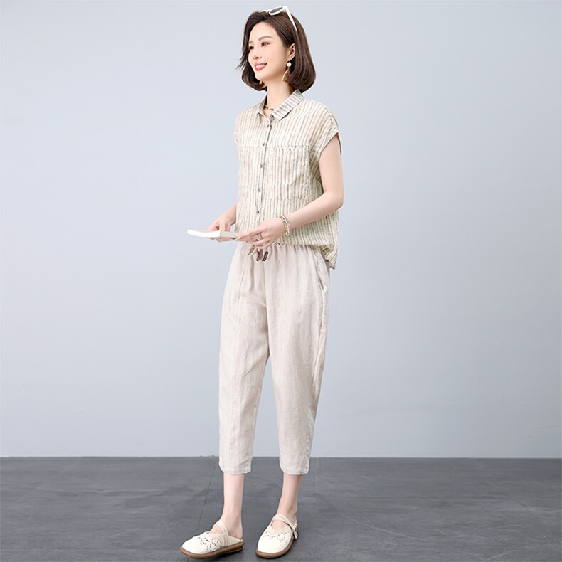 时尚套装女2025年新款夏装搭配一整套洋气减龄妈妈棉麻裤子两件套,女装套装/套裙,江忆布依
