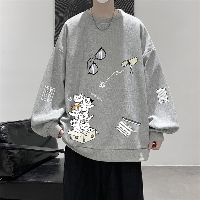 华夫格卫衣圆领卫衣男大码长袖t恤男外套 HW76115-P30加绒款-P40图片