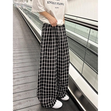 美式高街潮牌男女泡泡格子休闲裤直筒宽松慵懒显瘦阔腿休闲长裤子，男装休闲裤，电商A486