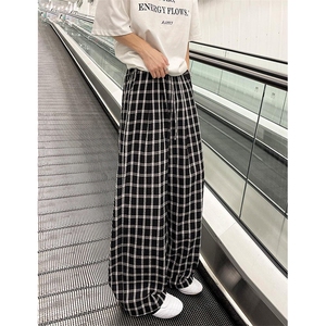 美式高街潮牌男女泡泡格子休闲裤直筒宽松慵懒显瘦阔腿休闲长裤子图片