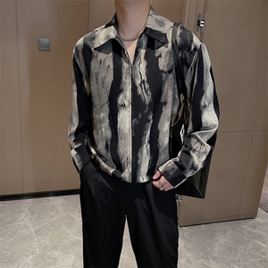 春夏薄款高级感扎染印花拉链长袖衬衫男痞帅休闲衬衣CS787P58控78图片