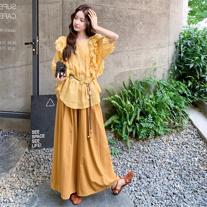 黄色高级感休闲套装女2025夏季新款法式复古娃娃衫阔腿裤两件套,女装套装/套裙,2C158