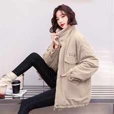 2021冬季新款时尚羊羔毛拼接加绒内里保暖舒适派克服休闲加厚外套，女装派克服，菡迪欧娜