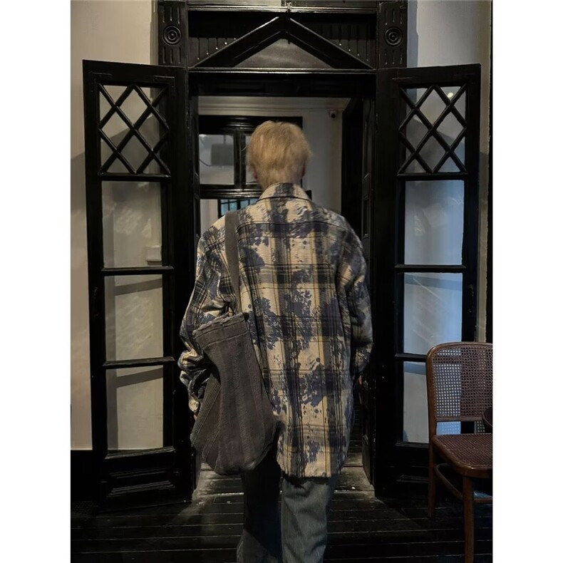 水墨扎染格子衬衫设计感高级vintage潮牌痞帅炸街外套男休闲衬衣,男装衬衫,星座506A