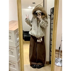 美式复古条纹兔耳重磅加绒毛毛外套开衫毛领卫衣连帽女秋冬新款，女装短外套，星座1210-1