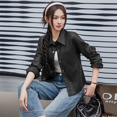 BAO海宁春季薄款皮衣外套女短款年轻时尚百搭仿绵羊皮皮夹克潮，女装皮衣，美拉德工厂直营店