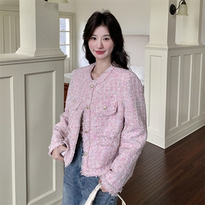 绝美气质感粉色短款小香风外套女春秋超火好看高级感小众夹克上衣图片