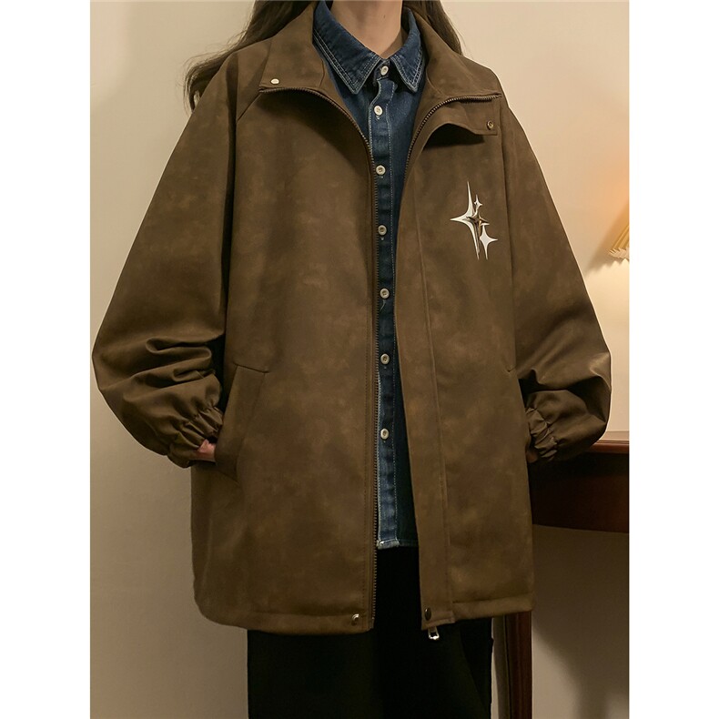 中性风PU皮复古做旧可拆卸四芒星胸针设计夹克男JK77757P90控128，男装夹克，星座226-1