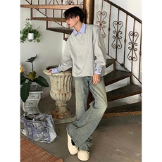 抖音得物高品质26春装美式高街假两件衬衫领长袖卫衣POLO领打底衫，男装T恤，电商A486-1