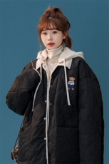 1中性风灯芯绒拼接假两件小熊连帽大码M-5XL棉衣女8713P135控168，男装棉衣，星座226-2