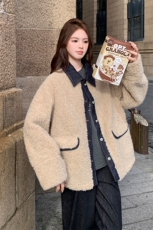 温柔减龄牛仔拼接颗粒绒外套女2025冬季新款软糯保暖皮毛一体上衣，女装短外套，2C007