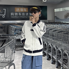 抖音得物品质秋冬美式高街重磅结构拼接织带翻领卫衣夹克外套W113，男装夹克，电商A486-1