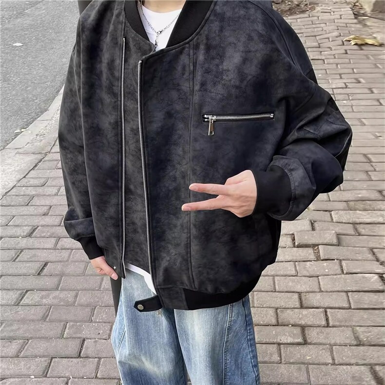 皮衣外套男装春季工装夹克短款美式棒球服oversize潮牌机车服复古图片