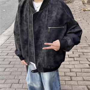 皮衣外套男装春季工装夹克短款美式棒球服oversize潮牌机车服复古图片
