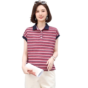 小个子条纹翻领T恤女夏季韩版休闲宽松年轻款妈妈薄款小衫上衣潮图片