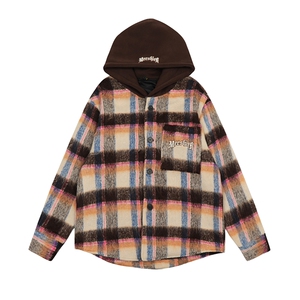 美式潮牌秋冬高级感小众毛呢夹克宽松刺绣格子连帽外套男女情侣装图片
