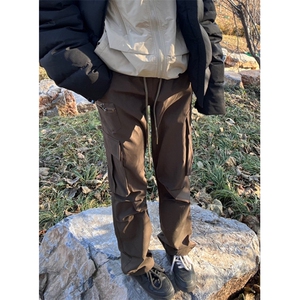 街头vibe多口袋棕色工装裤男直筒宽松休闲复古拖地长裤子 KA45图片