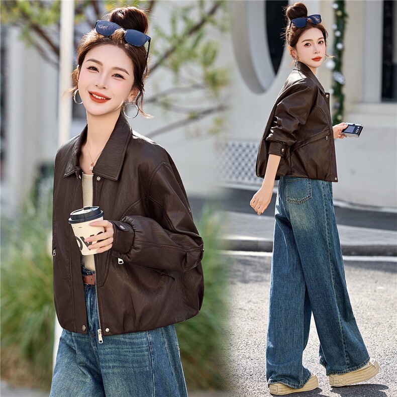 已出货春装新品美拉德皮衣外套女短款高端潮流显瘦小个子机车服,女装皮衣,吾爱衣