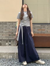 设计感不规则短袖套装女2025夏新款休闲系带上衣显瘦阔腿裤套装女，女装套装/套裙，浙宝220