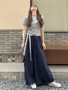 设计感不规则短袖套装女2025夏新款休闲系带上衣显瘦阔腿裤套装女图片