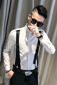 312A-742-P55新款修身长袖衬衫男韩版背带拼接社会人衬衣-首2图片