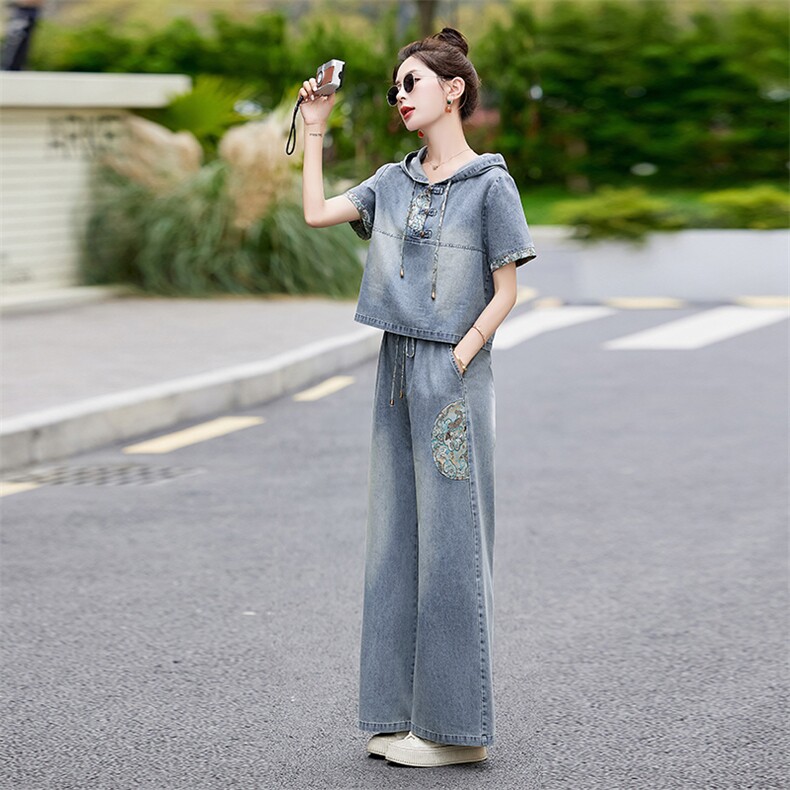 高端休闲薄款牛仔套装2025夏新款欧货女减龄气质阔腿裤两件套,女装套装/套裙,关键词