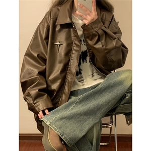 中性美式复古四芒星纽扣可拆卸胸针PU皮衣夹克男JK77771P85控118图片