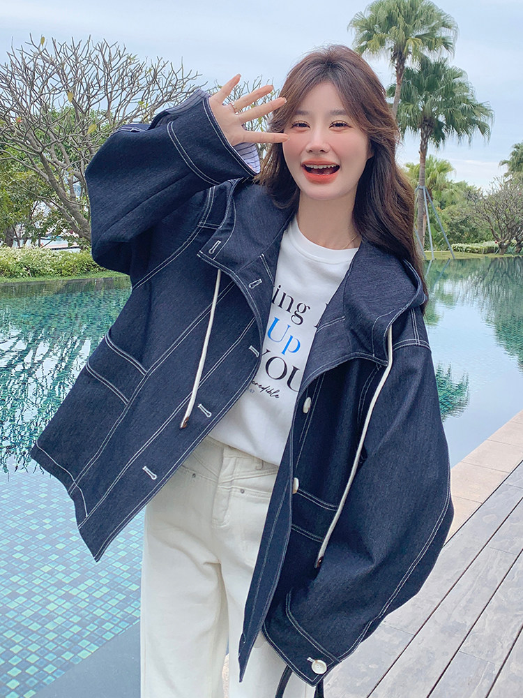 条纹拼接风衣式连帽牛仔外套女春秋2025新款超火流行超好看小个子,女装风衣,浙宝285（原212）