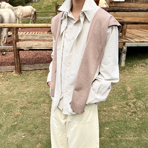 抖音得物品质二开春装美式潮牌披肩条纹长袖衬衫男女休闲宽松衬衣图片