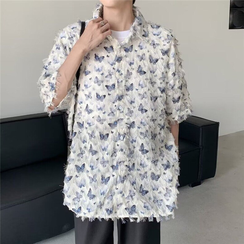 花蝴蝶冰丝短袖衬衫男款夏季2026新款流苏设计感潮流情侣上衣外套,男装衬衫,星座410-7