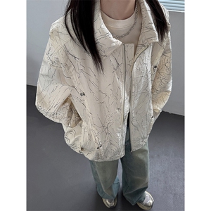 中性女模新款印花压皱美式冷淡风夹克外套JK004-P80控108图片