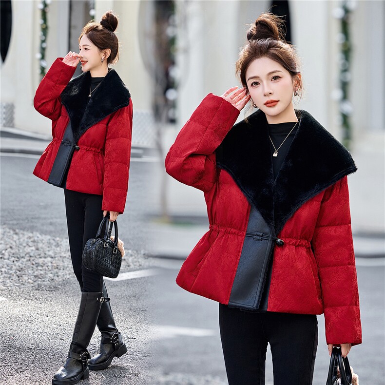 新中式G风羽绒服女2025冬季新款毛毛领拼接提花保暖白鸭绒外套,女装羽绒服,冬木谷雨