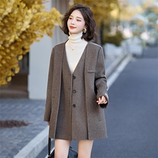 假两件V领双面羊毛外套女秋冬2024新款小个子宽松休闲西装呢大衣，女装毛呢外套，琦鑫阁（原依鑫阁）