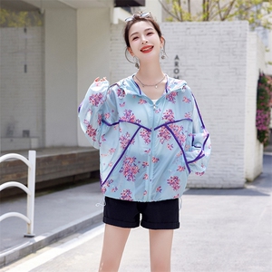 时尚学院风印花防晒衣女2023年夏季新款修身显瘦连帽长袖上衣外套图片