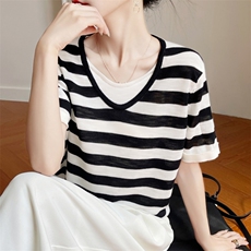 假两件的天花板~穿出纸片人圆领条纹时尚短袖女，女装针织衫/毛衣，雪真羊绒