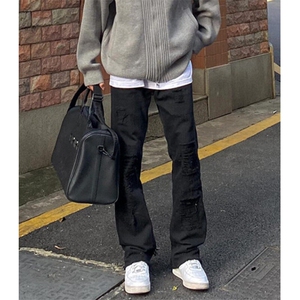 复古假破洞牛仔裤男女小众高街补丁修身直筒潮流长裤 NT800图片