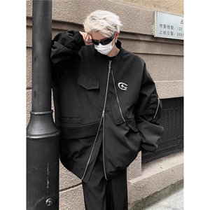 港风复古铁标设计感外套男春秋不规则棒球服工装上衣情侣飞行服图片