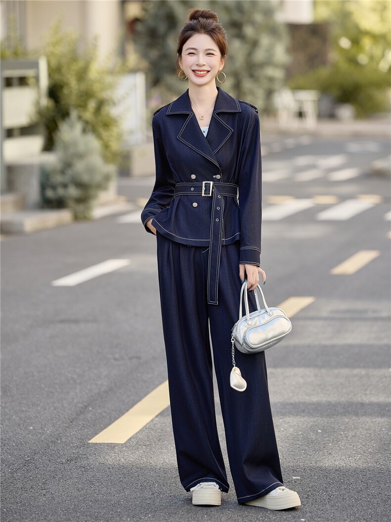 （新款现货）2026春装时尚双排扣肩章天丝牛仔阔腿裤套装(配腰带,女装套装/套裙,印象茜