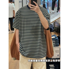 现货！极简慵懒风条纹短袖复古宽松T恤视频截图-EX50920-特批25，男装T恤，电商A061