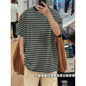 现货！极简慵懒风条纹短袖复古宽松T恤视频截图-EX50920-特批25图片